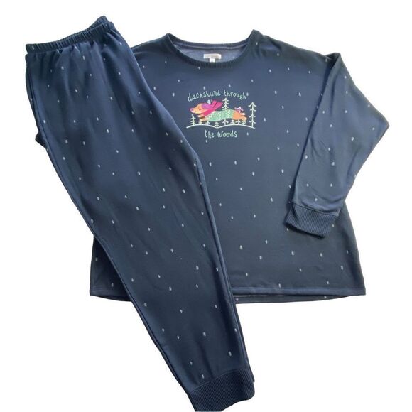 LC Lauren Conrad 3X Navy Dachshund Trees Cozy Long Sleeve Pajama Top & Pajama Pa - Picture 1 of 9